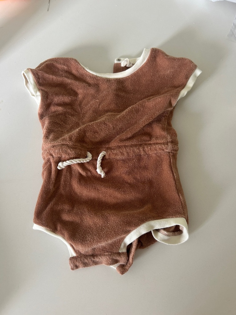 Quincy Mae Terracotta Terry Baby Romper with Cream Trim